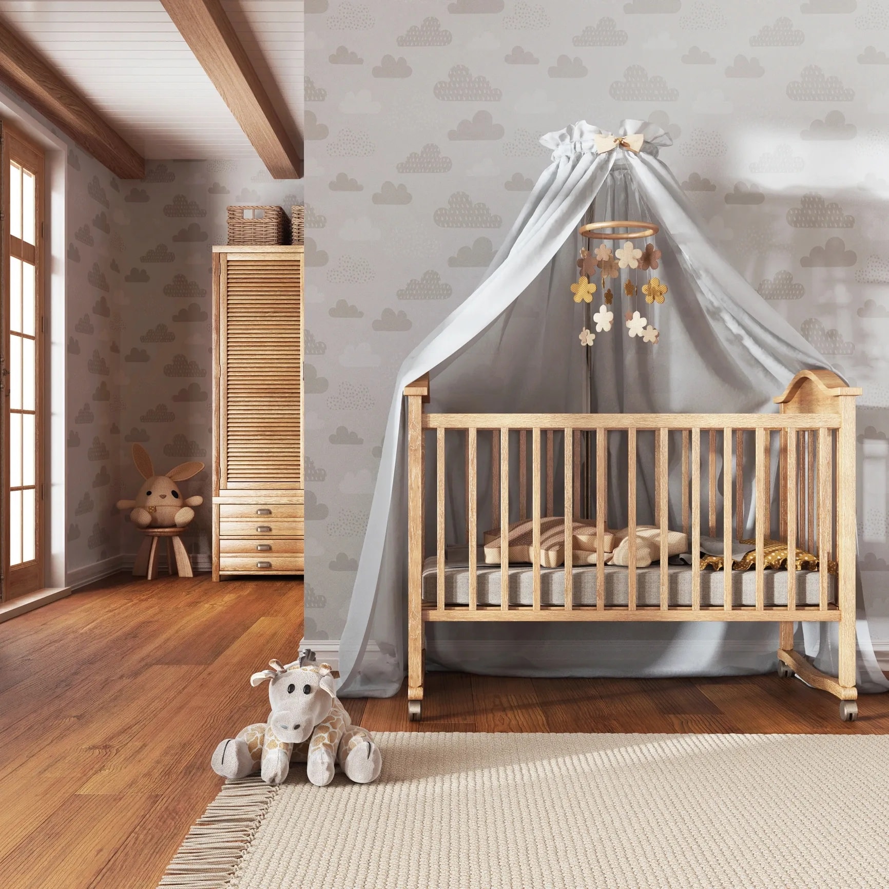Beautiful calm nursery setup with soft neutral tones